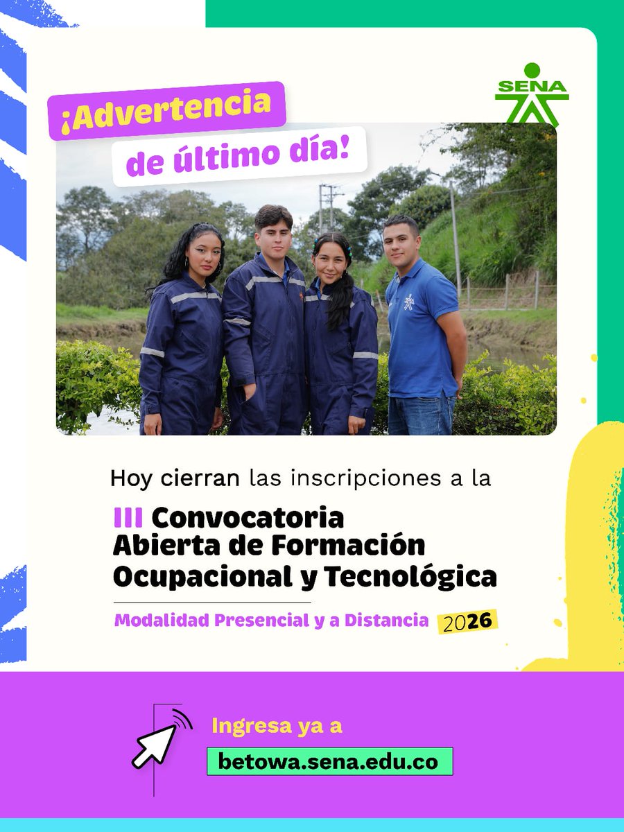 SENASucre's tweet photo. ⏰¡Atención! Hoy es el último día para inscribirte en la III Convocatoria de Formación Presencial y a Distancia del SENA.

Ingresa 👉 https://t.co/njVVsl8JZW consulta la oferta y realiza tu inscripción.
👀Tu próxima historia de aprendizaje puede comenzar hoy.

 #EstudiaEnElSENA https://t.co/zx3iT7xgx2