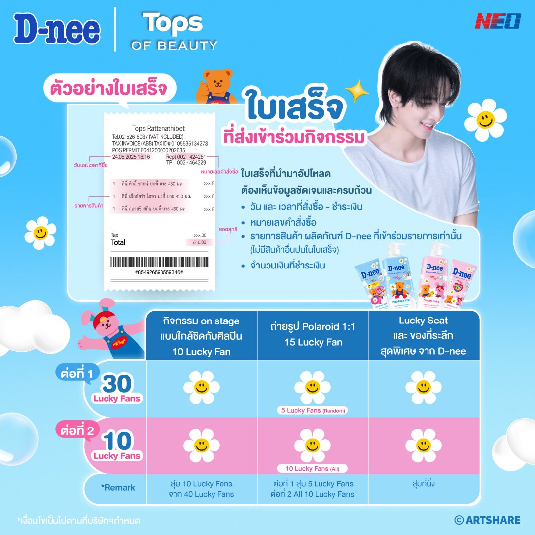 kongthappeakOFC's tweet photo. 5 วันสุดท้ายแล้วน๊าาา ใครยังไม่ลงทะเบียนรีบเลย ห้ามพลาดกิจกรรมดีๆนะคะ🙌🏻🩵
#กองทัพพีค #kongthappeak 

D-nee x Wiggle Wiggle เสิร์ฟความหอม พร้อมแจกความฟิน 💖
ลุ้นเป็น 40 ผู้โชคดี ไปฟินฟีลกู้ดดดกับกองทัพพีคแบบใกล้ชิด ✨

💫 ต่อที่ 1 ลุ้นเป็น 1 ใน Lucky Fan 30 คน
🗓️ ตั้งแต่วันที่ 15 พ.ค. 69 – 14 มิ.ย. 69

✨ เพียงซื้อสินค้า D-nee ที่ร่วมรายการครบ 299.- (หลังหักส่วนลดและค่าขนส่งแล้ว และต้องไม่มีสินค้าอื่นปนในใบเสร็จ) ผ่าน Tops ทุกสาขาที่ร่วมรายการ + Tops Online
รับทันที 1 สิทธิ์ลุ้น (นับทุกๆ 299 บาท/ 1สิทธิ์การลุ้น)

🗓️ลงทะเบียนใบเสร็จร่วมสนุกได้ที่ https://t.co/EuyxYjujKM

📌 จับรางวัล 17 มิ.ย. 69 เวลา 10.00 น.
📌 ประกาศรายชื่อผู้โชคดี 30 ท่าน วันที่ 19 มิ.ย. 69 เวลา 18.00 น. ทาง Facebook และ X Fanpage D-neeThailand
📌 ยืนยันสิทธิ์ภายใน 22 มิ.ย. 69 เวลา 18.00 น. ผ่าน inbox Facebook Fanpage D-neeThailand เท่านั้น

💫 ต่อที่ 2 ลุ้นต่อกันแบบใกล้ชิดในงาน!
เพียงซื้อสินค้า D-nee ที่ร่วมรายการ ณ บูธกิจกรรม D-nee 
ในงาน Tops of Beauty at Central Westgate ครบ 339.- / ใบเสร็จ
🗓️ ตั้งแต่วันที่ 24 มิ.ย. 69 – 27 มิ.ย. 69 (ปิดรับสิทธิ์ 27 มิ.ย. 69 เวลา 13.00 น.)
🧾 1 ใบเสร็จ = 1 สิทธิ์ลุ้น
แค่เขียนชื่อ-เบอร์โทรศัพท์ด้านหลังใบเสร็จ แล้วหย่อนลงกล่องลงทะเบียนที่บูธ D-nee ภายในงานได้เลย 💕

📌 จับฉลาก & ประกาศผล วันที่ 27 มิ.ย. 69 เวลา 14.00 น. ณ บูธกิจกรรม
📌 ลงทะเบียนรับสิทธิ์ เวลา 14.30 น.

#DneexWiggleWiggle