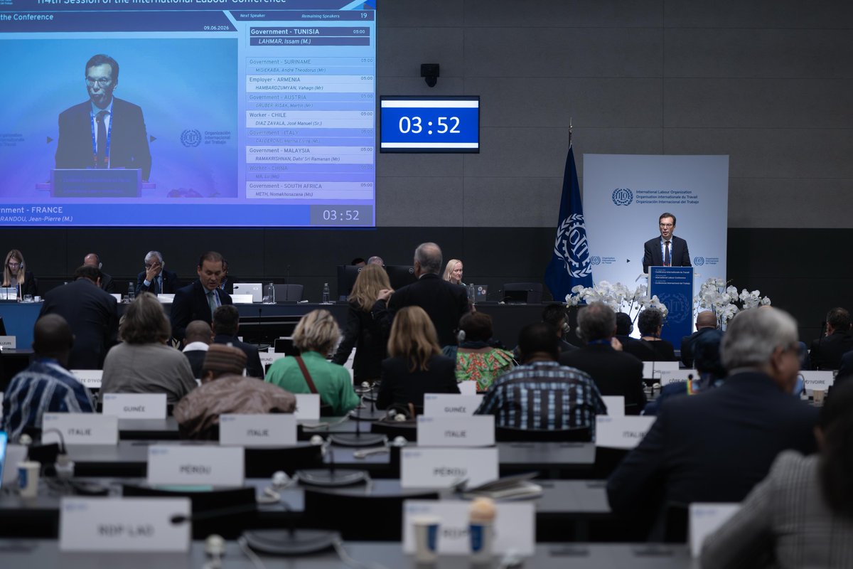 JPFarandou's tweet photo. Ce matin, j’ai eu l’honneur de prendre la parole à la Conférence internationale du travail à Genève. 

Les travaux de cette 114ème Conférence font écho à nos propres enjeux nationaux, notamment sur la discussion normative sur le travail décent dans l’économie des plateformes, l’égalité des genres et le dialogue social.
 
Je salue les travaux de la Commission d’application des normes qui célèbre cette année son centenaire et incarne l’engagement constant de l’OIT en faveur du progrès social partout dans le monde.