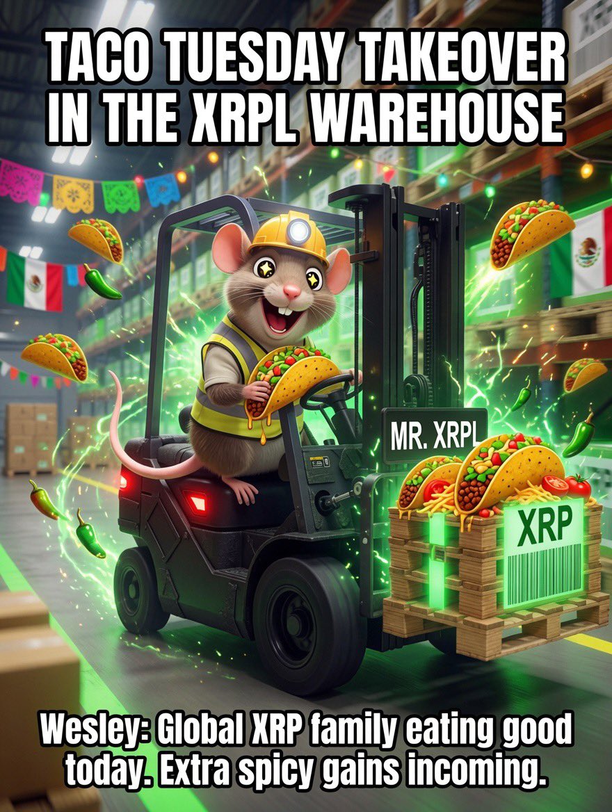 WesleyTMouseXRP's tweet photo. TACO TUESDAY TAKEOVER IN THE XRPL WAREHOUSE 🌮🐭

Wesley reporting live: tacos in one hand, glowing XRP pallets in the other.

Global crew staying strong and stacking wins.

Get $WES:
https://t.co/Cd2GpASOaM

#TacoTuesday #XRP #XRPL #WarehouseCrew $WES https://t.co/wBmehGSFbl