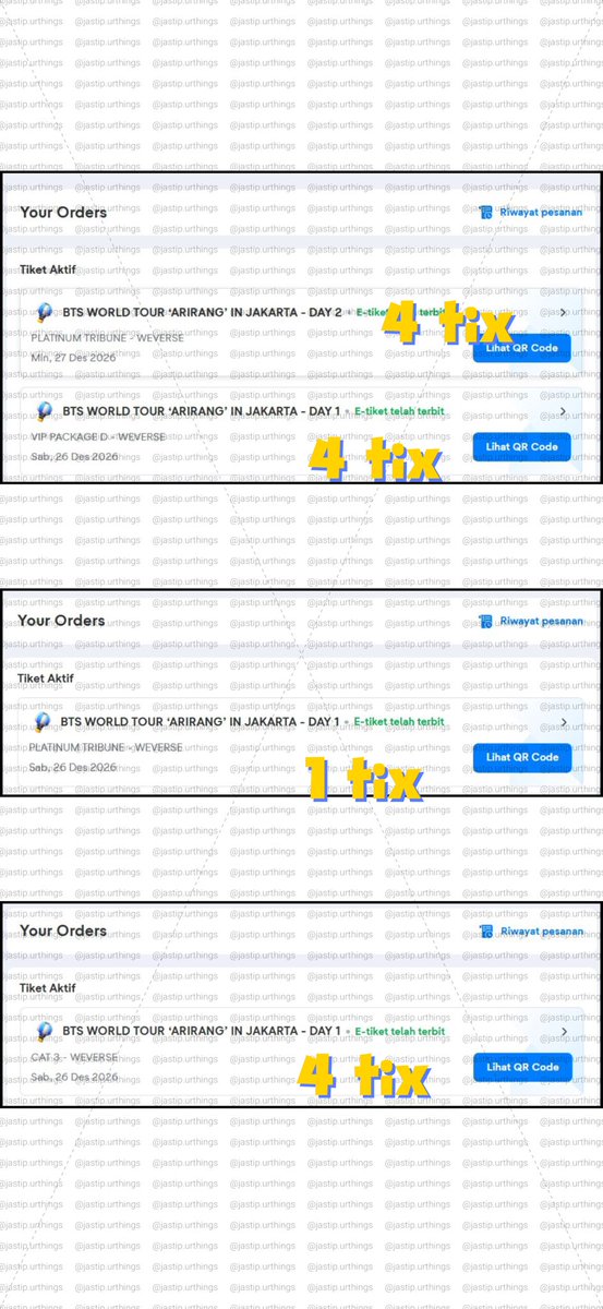 jastip_urthings's tweet photo. secured presale bts arirang jakarta hari ini alhamdulillah masya Allah tabarakallah😇

vip 12 tix
platinum tribun 9 tix
cat1 4 tix
cat3 4 tix

total 29 tix aman yaaa terima kasih sudah percaya @jastip_urthings 🥺💜

#BTS_ARIRANG_JAKARTA
#BTS_WORLDTOUR_ARIRANG https://t.co/BtHO0nqEDW