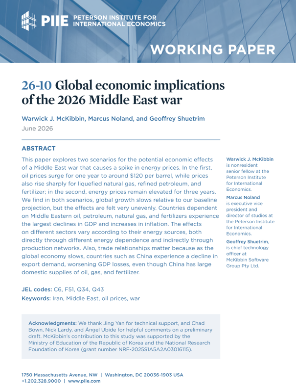 int_mon_econ's tweet photo. Highly relevant!

"Global economic implications of the 2026 Middle East war" by Warwick J. McKibbin, Marcus Noland, and Geoffrey Shuetrim.

"This paper explores two scenarios for the potential economic effects of a Middle East war that causes a spike in energy prices. In the first, oil prices surge for one year to around $120 per barrel, while prices also rise sharply for liquefied natural gas, refined petroleum, and fertilizer; in the second, energy prices remain elevated for three years. We find in both scenarios, global growth slows relative to our baseline projection, but the effects are felt very unevenly. Countries dependent on Middle Eastern oil, petroleum, natural gas, and fertilizers experience the largest declines in GDP and increases in inflation. The effects on different sectors vary according to their energy sources, both directly through different energy dependence and indirectly through production networks. Also, trade relationships matter because as the global economy slows, countries such as China experience a decline in export demand, worsening GDP losses, even though China has large domestic supplies of oil, gas, and fertilizer."

https://t.co/iqOXhaYdM4