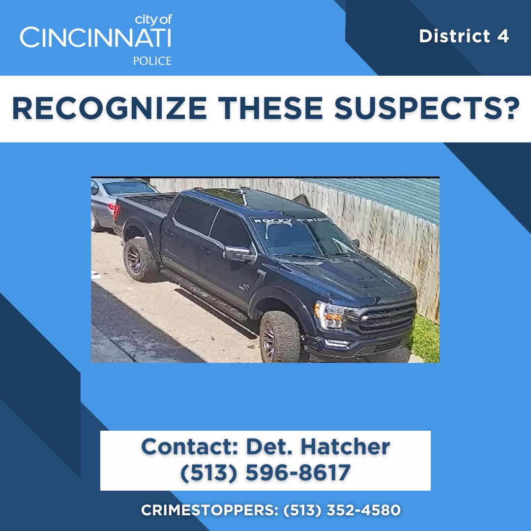 CincyPD's tweet photo. D4 is investigating a Felonious Assault offense that occurred at 3500 Reading Rd., June 6th. Suspects committed offenses where several victims were injured, before leaving in the pictured Ford F-150, Ohio plate PLK-2048. Contact Det. Hatcher at (513) 596-8617 with information. https://t.co/eCv0fzoE1c