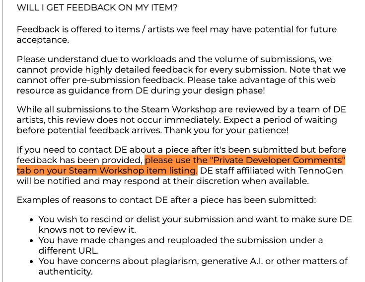 CoreyOnline's tweet photo. Recently DE made a few edits to the TennoGen Guide's "Getting Started" &amp; "Reasons For Rejection" tabs.

No real policy changes, only clarifications: best ways to contact DE regarding TG + an even more explicit denouncement of generative AI, plagiarism, copyright infringement. ✌️ https://t.co/9iq6zHHFoM