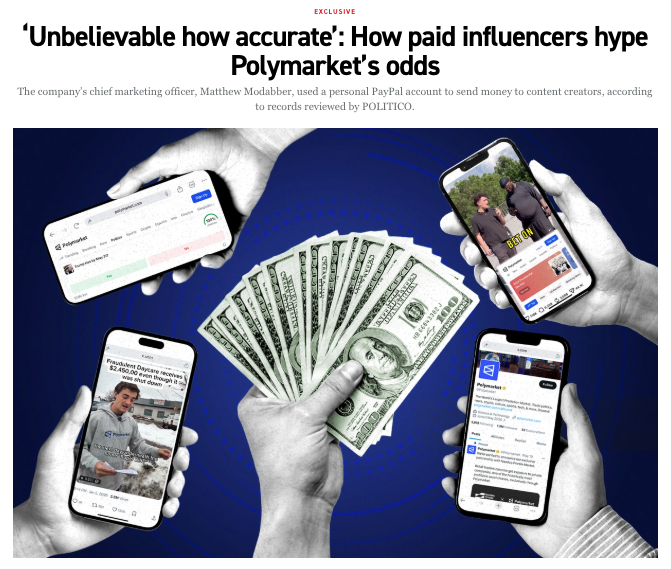 mayakauf's tweet photo. INVESTIGATION 🚨 A #Polymarket exec used a personal PayPal account to pay major political influencers like Riley Gaines and Brian Krassenstein, who in turn hyped how "accurate" Polymarket is at predicting outcomes.

We uncovered $350,000+ flowing this way in 2025 and early 2026. https://t.co/fUK4JdzHQb