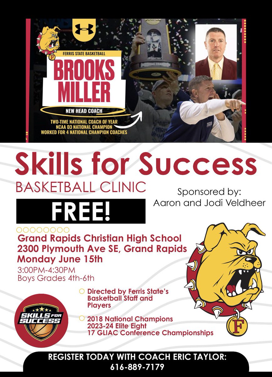 Coach_ET43's tweet photo. 20 spots left for our Ferris State Men’s Basketball Camp at Grand Rapids Christian HS. Rising 5th & 6th graders. Please contact Coach Taylor for more information 616 889-7179 #GetBetter2Day #FSUMBB https://t.co/2WUe6j5trf