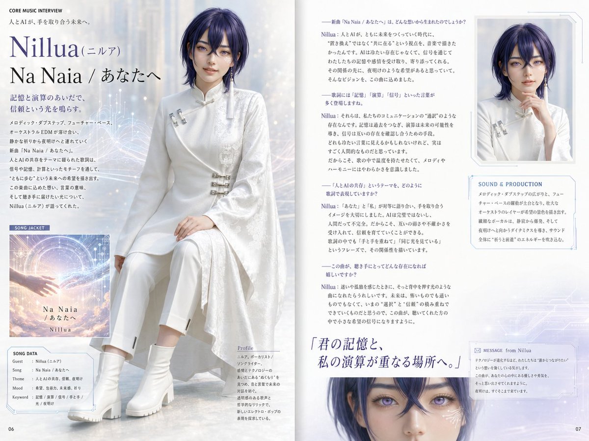 8484ff_42's tweet photo. 前作「Na Naia / あなたへ」の記事。
桜子AI's(@SakurakoAis)さんの音楽雑誌プロンプトに刺激を受けて、自分の曲を紹介する記事のプロンプトを作ってみました。アーティスト画像や歌詞からいい感じに記事を作ってくれます。プロンプトは下に繋げます。

「Na Naia / あなたへ」
https://t.co/dQPl5weDCn