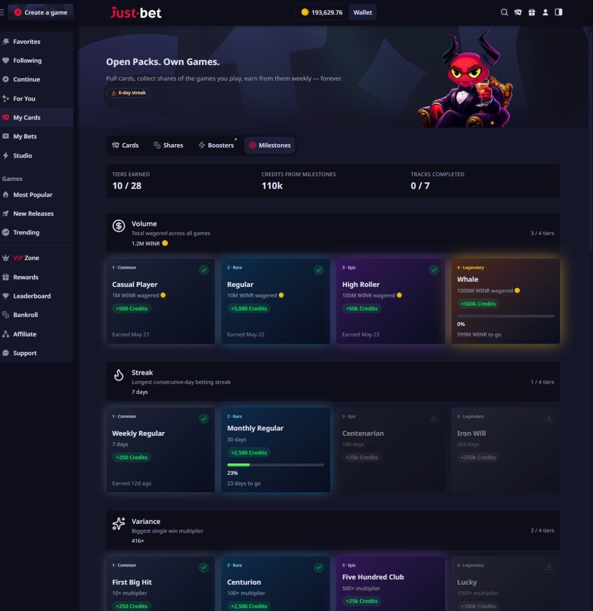 JustBetOnchain's tweet photo. 10 / 28 milestone tiers hit.

0 / 7 tracks completed.

that means there is still most of the game left to play.

current stats:
> 1.2M WINR wagered
> 7-day streak running
> 416x biggest single win
> 110k Credits earned just from milestones

the Whale tier requires 1B WINR wagered.

most people will never get there.

😈that is the point.

Read to level up? 
Check the comment 👇