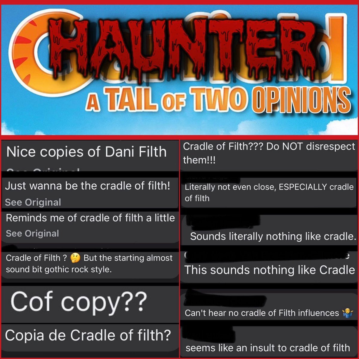 RealThomasGrim's tweet photo. That time @GKEOfficial compared us to @CradleofFilth and everyone started slaying us in the comments. 🤣
We don’t take any of it personally. People love to hate and these gave us a good chuckle. We do in fact love COF though hahaha! 🖤
#forfansof #ffo https://t.co/n9jjjjfnxv