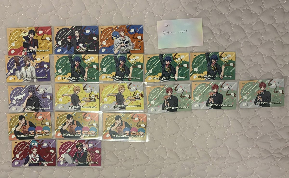 eri___coco's tweet photo. 【交換】ヒプノシスマイク　サンリオ　ディッパーダン　特典カード

譲))三郎、⭐️銃兎、理鶯、幻太郎、帝統、寂雷、一二三、⭐️独歩、零、⭐️空却、十四
求))⭐️簓、盧笙
⭐️＝簓との交換のみ、簓・盧笙まとめての交換優先

都内手渡し、郵送可、検索からもお気軽にお声掛けください。 https://t.co/VWd0EIZNkm