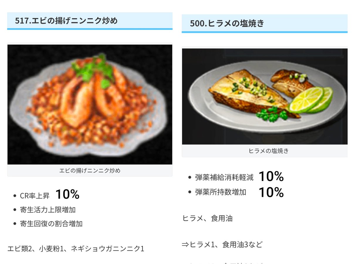 j5zxtpi3BqGEQ0t's tweet photo. (メモ)魚が素材の戦闘に使える料理
久しぶりに料理図鑑のサイト行ったわ。どうせなら釣りイベに合わせて新料理も追加して欲しかったなぁ(´・ω・｀)
#ライフアフター https://t.co/p6dI6UCDQE