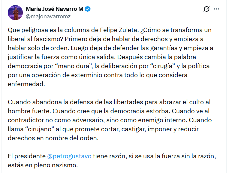 casoasomuffaa's tweet photo. 🗣️OPINIÓN | Hablar de "nazismo" y "fascismo" en una sociedad tan polarizada solamente distrae la atención de lo importante. 

La señora @majonavarromz #MariaJoseNavarro se inmiscuye en temas político apoyando la verborréa demencial de un presidente desconectado de la realidad.

Maria Jose: NUNCA has vivido en medio del fascismo ni del nazismo. No tienes idea de lo que es eso. 

En cambio las +4,000 familias del #CasoAsomuffaa a las que hiciste víctimas, ya probamos una cucharada de "progresismo" (comunismo) que promulga la izquierda colombiana.

El #CasoAsomuffaa NO QUEDARÁ IMPUNE!! ✊✊✊