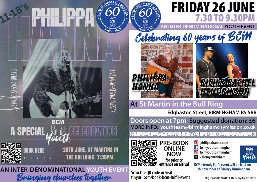 bcmyouthbham's tweet photo. Come to our special celebratory Youth Event held on Friday 26th June at St Martin's. We want to give God thanks for what he has done and is doing in the city among young people. Come and be inspired and encouraged! https://t.co/UqP6zBatA1