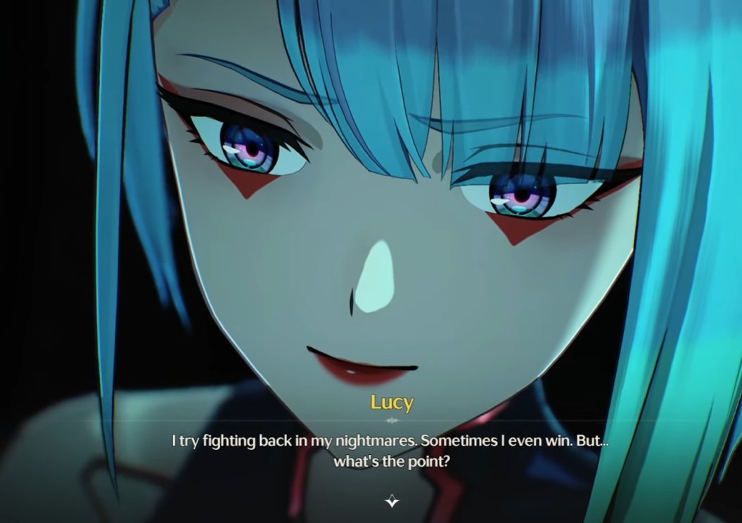 FakeMatthewGI's tweet photo. I thought maybe this story is meant to show that Lucy is finally able to confront her nightmares and maybe put what happened in Night City to rest,
but she herself said she has done it already and it doesn't really change anything.

(3/4) https://t.co/xbe4KVGxIt
