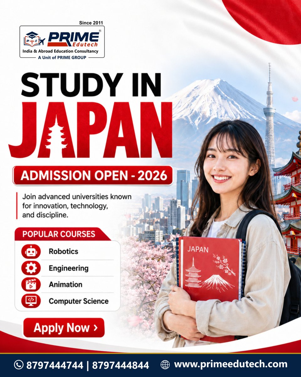 PrimeEdutech's tweet photo. 🇯🇵 Admissions Open 2026! Study in Japan with Prime Edutech. Explore Robotics, Engineering, Animation &amp; Computer Science at top universities. Build your global future today. 🎓✨ https://t.co/o5e6ZxbNer
