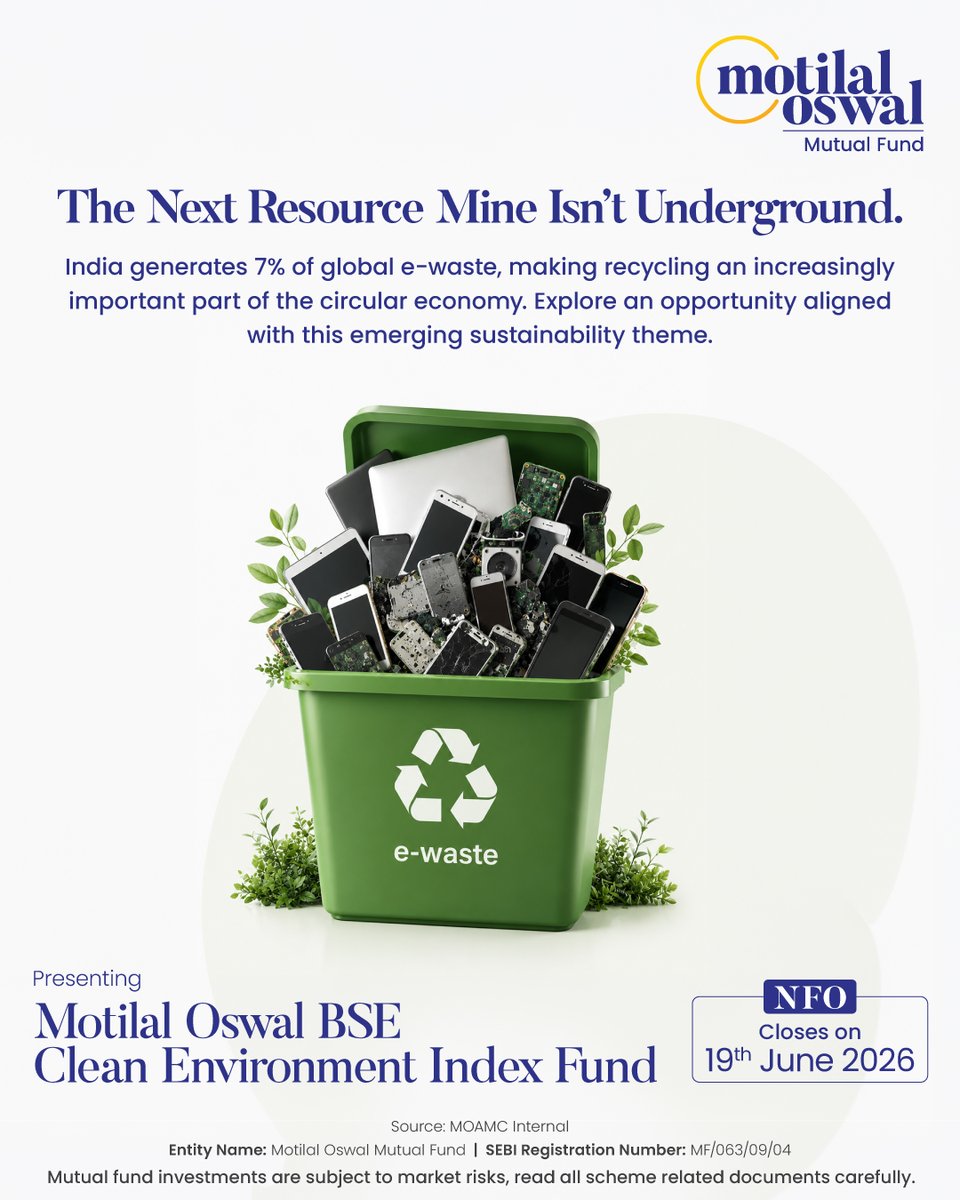 MotilalOswalAMC's tweet photo. Yesterday’s waste could be tomorrow’s resource. ♻️
Explore the growing opportunity in e-waste recycling with the Motilal Oswal BSE Clean Environment Index Fund.
Invest now: https://t.co/0Y6ZFVtj9e
#BSECleanEnvironment #MotilalOswalAMC #NFO #IndexFund https://t.co/wVEE2rjOGI
