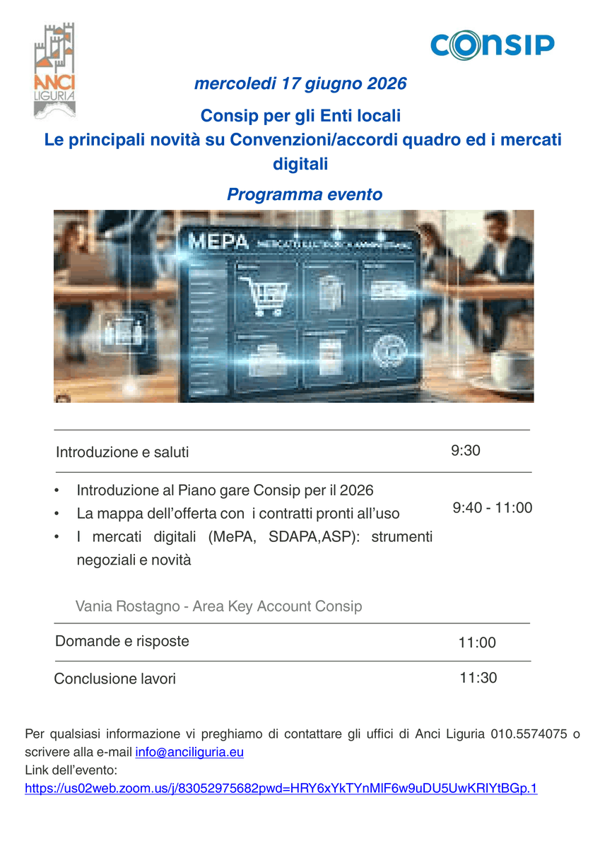 AnciLiguria's tweet photo. 🗓️Mercoledì 17 giugno Anci Liguria e #Consip organizzano un webinar gratuito dedicato alle principali novità su Convenzioni, Accordi Quadro e mercati digitali (MePA, SDAPA, ASP).
L'evento si terrà online sulla piattaforma Zoom.
I dettagli
👉https://t.co/R9BTkG8rvP https://t.co/CM5pWCD2Hr