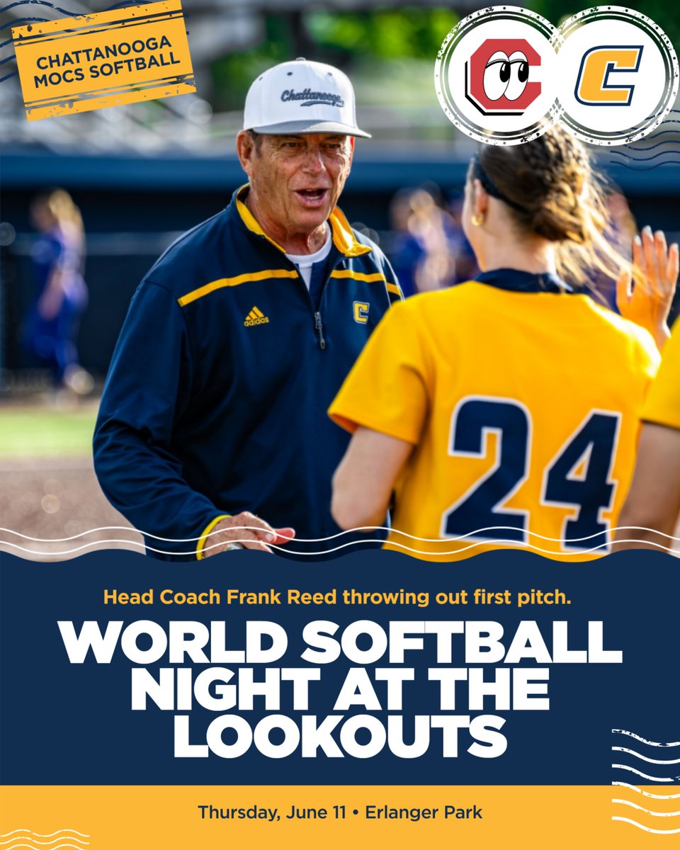 GoMocsSB's tweet photo. Come celebrate World Softball Night this Thursday at the @ChattLookouts. Mocs head coach @CoachFrankReed will throw out the first pitch. There will be autographs and a parade!
#GoMocs https://t.co/Ta9wp82WXj
