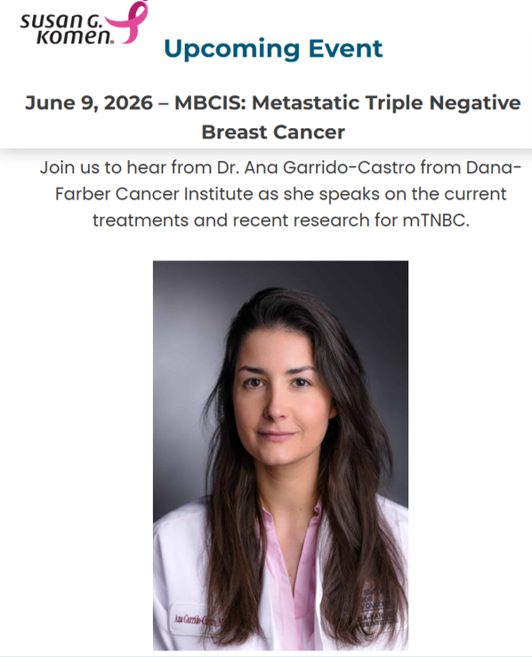 DFCI_BreastOnc's tweet photo. 📢Today - June 9th at 3:00 PM EST!
#MBC Impact Series, hosted by @SusanGKomen, on Metastatic Triple Negative Breast Cancer. 
Register to hear from @DanaFarber's Dr. Ana Garrido-Castro as she speaks on the current treatments and recent research for #mTNBC.
https://t.co/7ijaEmXKi8 https://t.co/BKurRdhzfF