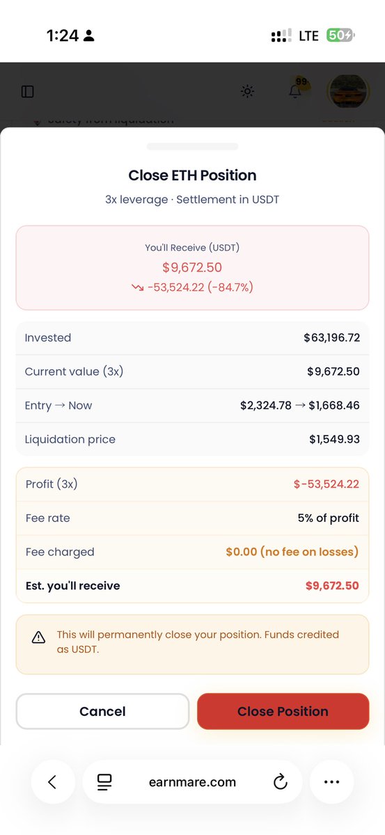 earnmare's tweet photo. this is what closing eth looks like right now.
invested: $63,196
you’d receive: $9,672.50
loss: -$53,524
fee charged: $0.00
$53,000 in losses. earnmare takes nothing.
https://t.co/FS8GKBa00w https://t.co/H06avgoJrx