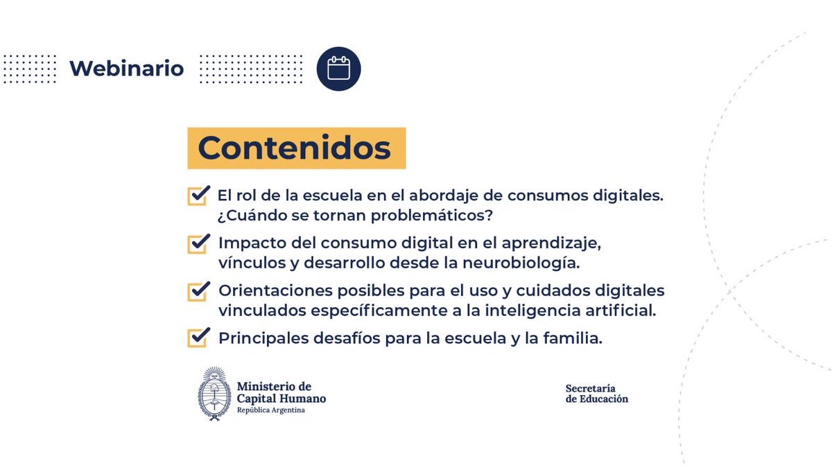SPettovelloOK's tweet photo. Una propuesta destinada a docentes, equipos directivos y jurisdiccionales de nivel primario y secundario para reflexionar sobre los desafíos que plantean las tecnologías digitales en el ámbito educativo.

Durante cuatro encuentros sincrónicos se abordarán temas vinculados con el impacto de los consumos digitales en el aprendizaje, los vínculos y el desarrollo, el uso de la inteligencia artificial y el rol de la escuela y las familias en el acompañamiento de niños y adolescentes.

🗓️ Inicia el 12 de junio.
@JMilei