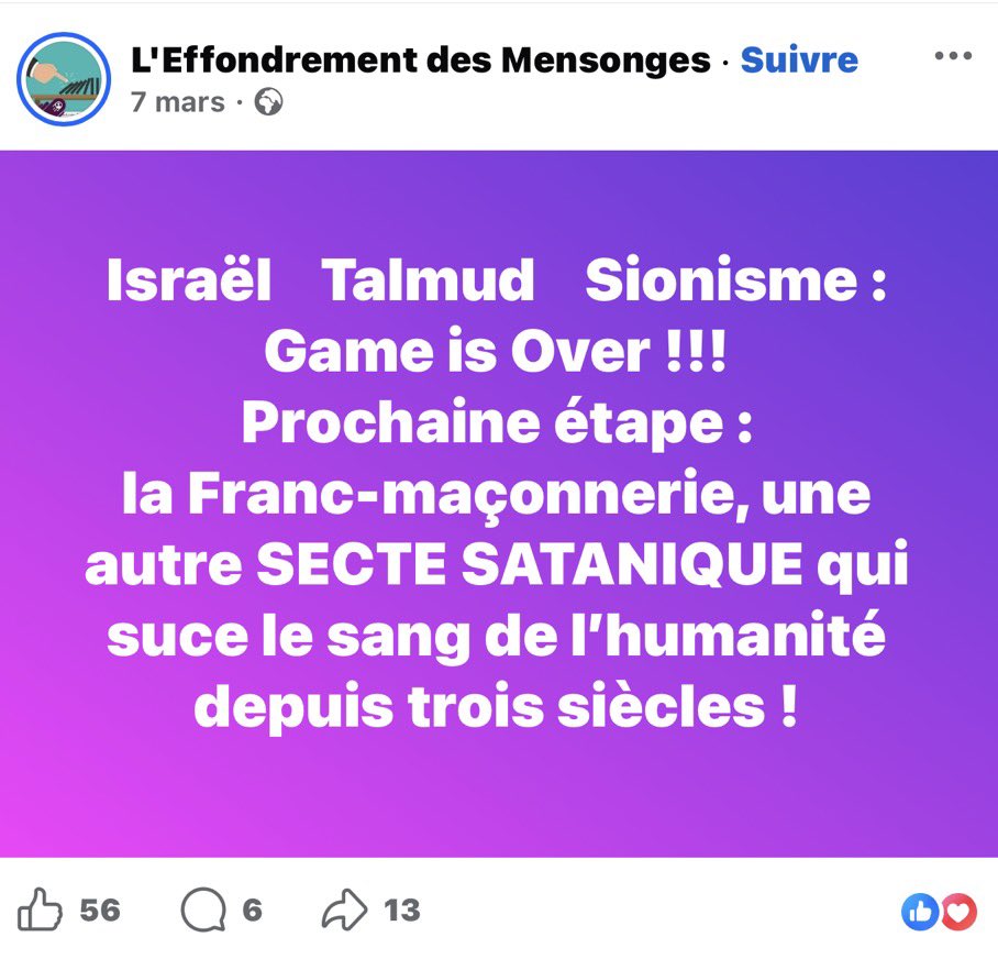SwordOfSalomon's tweet photo. 📌 Le compte Facebook « L’Effondrement des Mensonges », dont @JLMelenchon a choisi de republier le contenu, est un compte soralien qui nie la Shoah, parle de « Juiverie », de prétendue « communauté Étoile » et décrit les Juifs comme une « secte satanique qui suce le sang de l’humanité ».

🔗 Voici le lien vers la publication d’origine :
https://t.co/KA9NbkX2s1