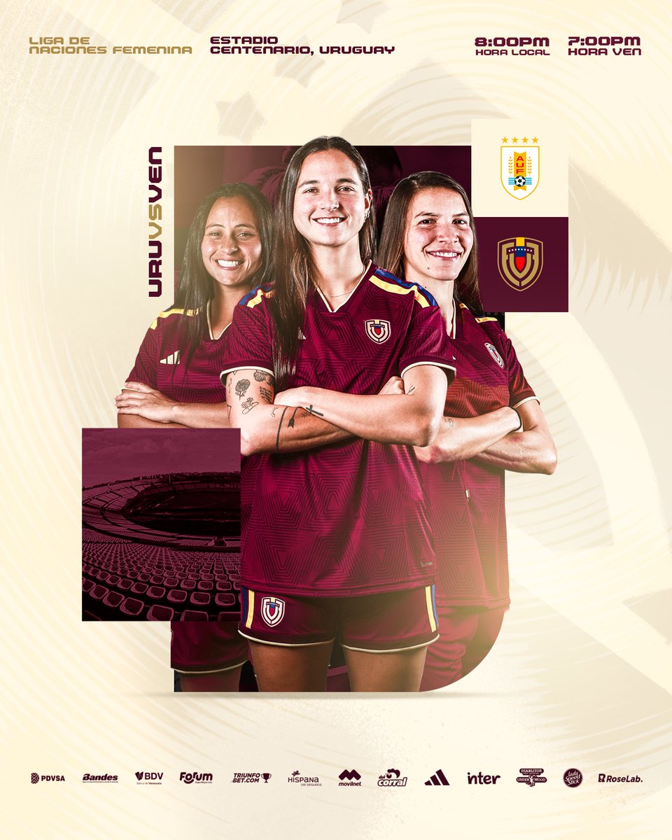 FemeninoFVF's tweet photo. 𝐇𝐎𝐘 𝐉𝐔𝐄𝐆𝐀 𝐋𝐀 𝐕𝐈𝐍𝐎𝐓𝐈𝐍𝐓𝐎 🙌🇻🇪

Las chamas están listas para disputar la última jornada de la CONMEBOL Liga de Naciones Femenina en la capital de Uruguay.

¡Vamos, chamas! 🫂

⚔️🆚🇺🇾
⏰ 7:00 PM (VEN), 8:00 PM (LOC)
🏟️ Estadio Centenario, Montevideo
📺 Televen / VTV
📻 HotSports 94.1 FM

#SiempreVinotinto