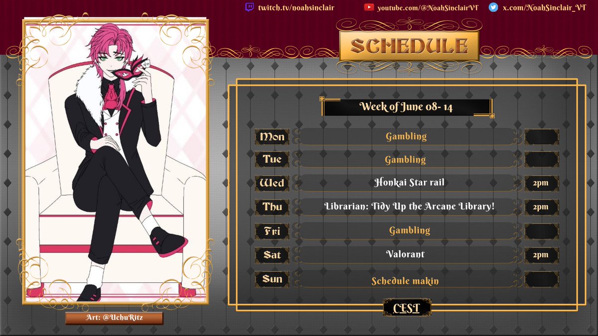 NoahSinclair_VT's tweet photo. 【WEEKLY SCHEDULE】
pray i dont oversleep again

🗓️ June 08- June 14
📷Live at: the usual

#envtuber #Vtuber #NoahSinclairVT https://t.co/7WhHX4Q19G