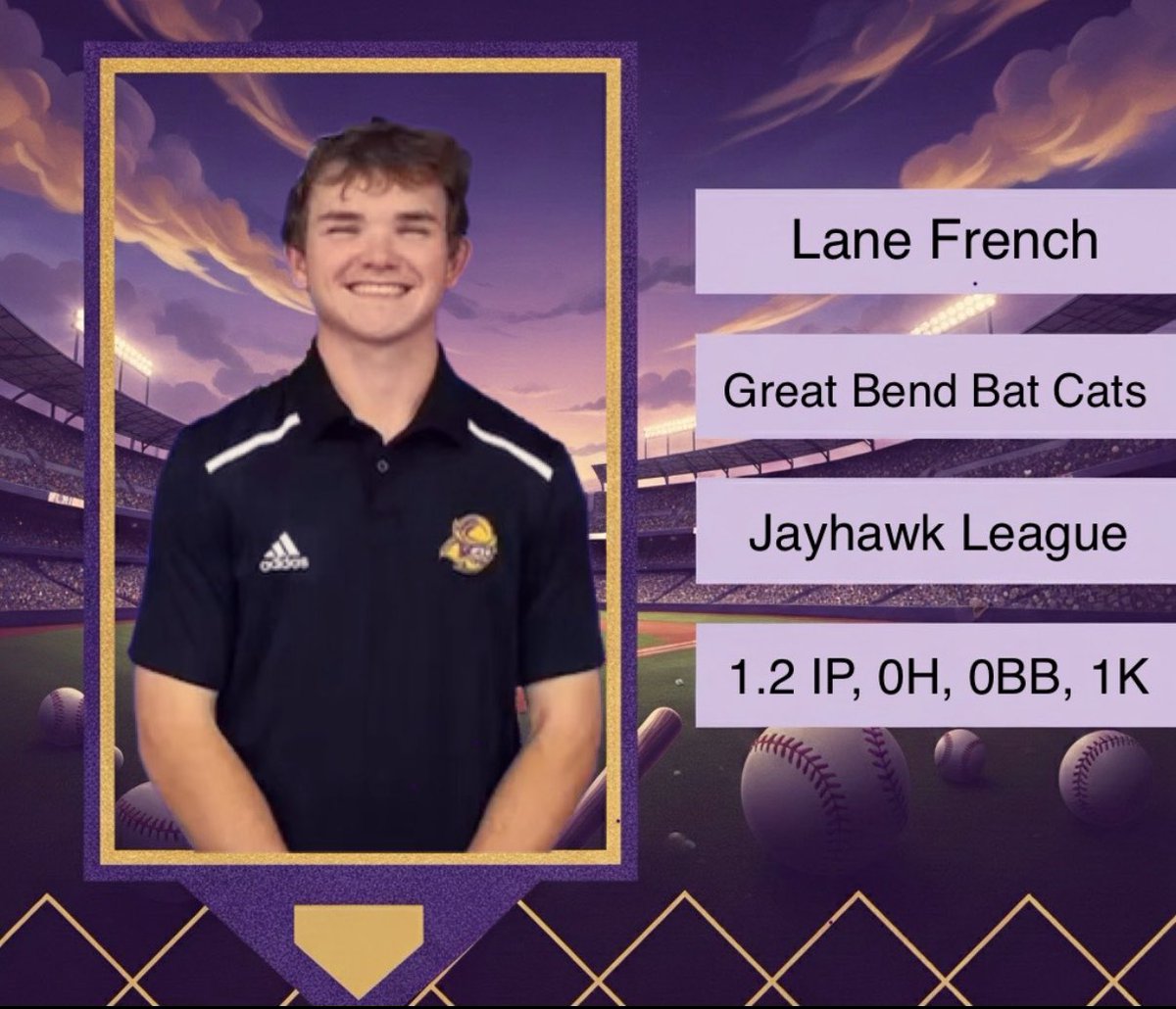 GoConqsBB's tweet photo. The #CONQS Summer Collegiate Conquistador of the Night is Lane French!
Lane came in with 1-out in the 8th and closed it out for the Bat Cats.
We're also hearing he's become a fan-favorite after striking out last nights "beer batter"๐ค https://t.co/ksYHC1ktCb