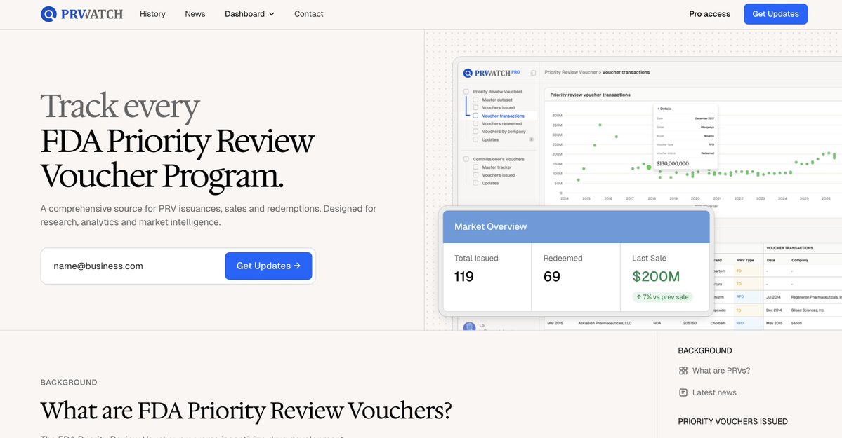 PRVWatch's tweet photo. Recently launched the new PRV Watch website tracking the world of FDA Priority Review Vouchers. Check it out: https://t.co/p1HlZY1FVM https://t.co/bDYt1U1trr