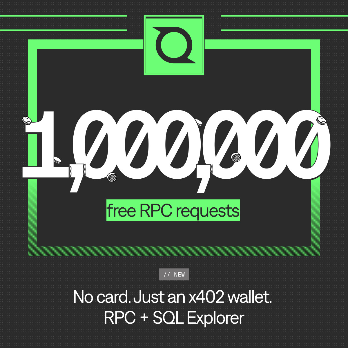 Quicknode's tweet photo. BIG UPDATE: 1,000,000 free RPC requests per month, per agent, are now available via x402 on Quicknode.

No account, no API key. Connect a wallet, pay in testnet @USDC or USDG, and query 140+ networks. Refreshes every month. https://t.co/aFQZrQTO6V