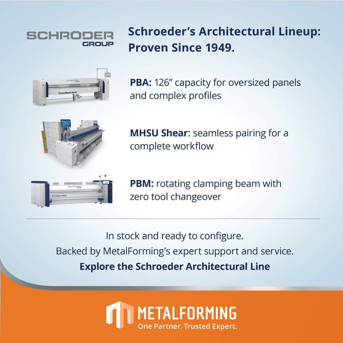 MetalFormingLLC's tweet photo. Schroeder has spent 75 years engineering sheet metal equipment that fabricators worldwide depend on. The PBA, MHSU, and PBM are in stock at MetalForming and ready to configure for your operation. Watch to see what the architectural line delivers. https://t.co/NYtjyyWfzn