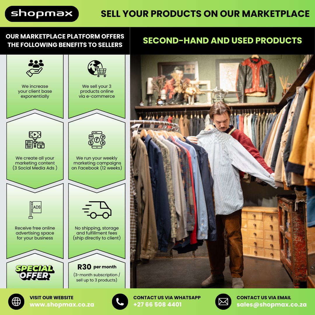 SHOPMAX6's tweet photo. 💸 Got unused items?
Turn them into cash:
✔️ Sell online
✔️ Reach more buyers
✔️ Sell faster
💰 From R30/month
👉 Start now:
https://t.co/JQV7117Sg8
#SecondHand #SellOnline #Shopmax #MakeMoney https://t.co/ZYiesewgRA