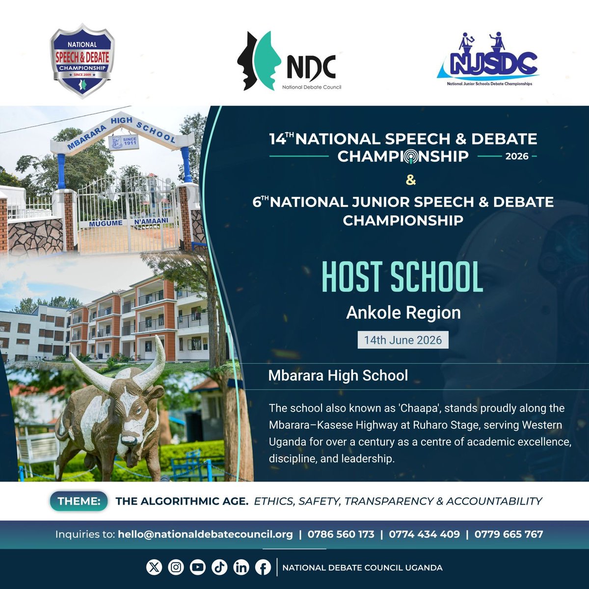 NDCUganda's tweet photo. Mbarara High School will host the #14thNSDC #6thNJSDC Ankole Regional Qualifiers.
#Chaapa, a historic centre of academic excellence, discipline, and leadership located along the MbararaโKasese Highway, serving Western Uganda for over a century. https://t.co/MqXFivQzrh