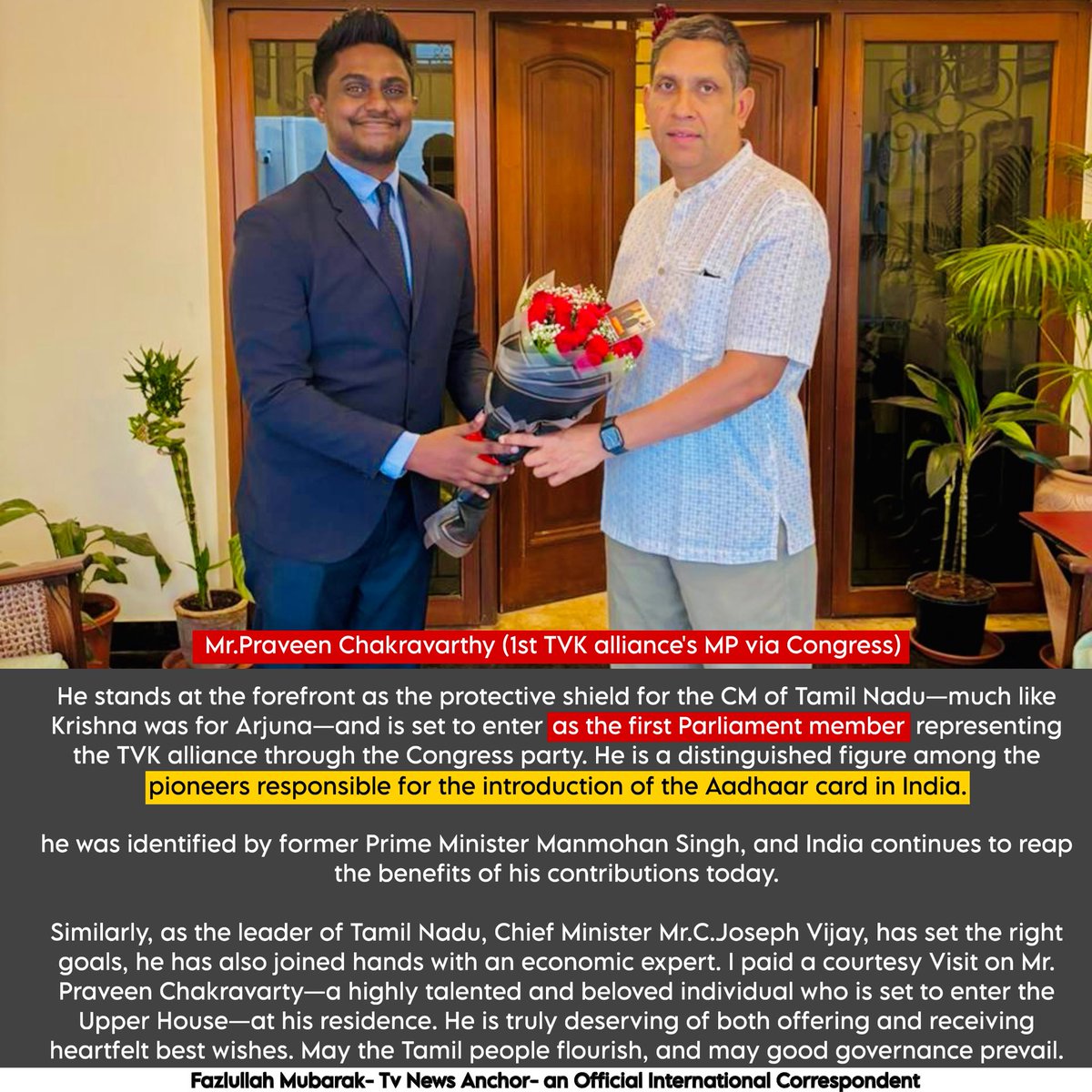imfazlullah's tweet photo. @pravchak | He stands at the forefront as the protective shield for the #CMofTamilNadu—much like Krishna was for Arjuna—and is set to enter as the first MP representing the TVK alliance through the Congress party. Wish you all the best Mr. Pioneer #congress #tvk #vijay https://t.co/ttyVSA4qoC