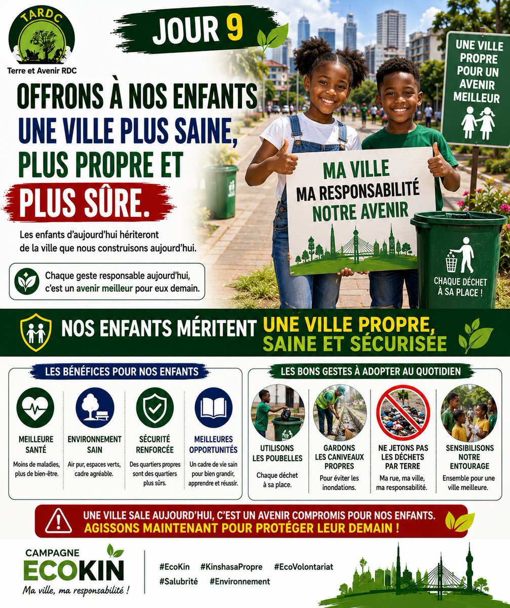 ima37651's tweet photo. Offrons à nos enfants une ville plus saine, plus propre et plus sûre.
 Les enfants d’aujourd’hui hériteront de la ville que nous construisons aujourd’hui. Chaque déchet jeté dans la rue,
#EcoKin #KinshasaPropre #EcoVolontariat #Salubrité #Environnement @terreavenirrdc https://t.co/Loq2zlkREO