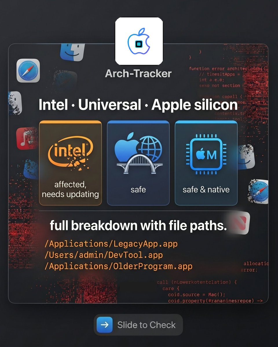 decent_geek's tweet photo. Your Mac apps might stop working soon.

Apple is sunsetting Rosetta — the tech that runs Intel apps on Apple silicon Macs. Starting macOS 28, most Intel-only apps will break.

I built a free tool to check which of YOUR apps are affected:

→ Scans all installed apps (Homebrew, npm, manual)
→ Shows Intel / Universal / Apple silicon status
→ Tells you exactly where each app lives so you can replace it

Run one command, get a full report. No analytics. Nothing leaves your system.

https://t.co/LGsHLfrdWJ

Apple's official notice on Rosetta sunset:
https://t.co/nZgYWAWvKX

Open source & free to use. If you find it helpful, give it a star on GitHub ⭐

#AppleSilicon #MacDev #Rosetta #macOS