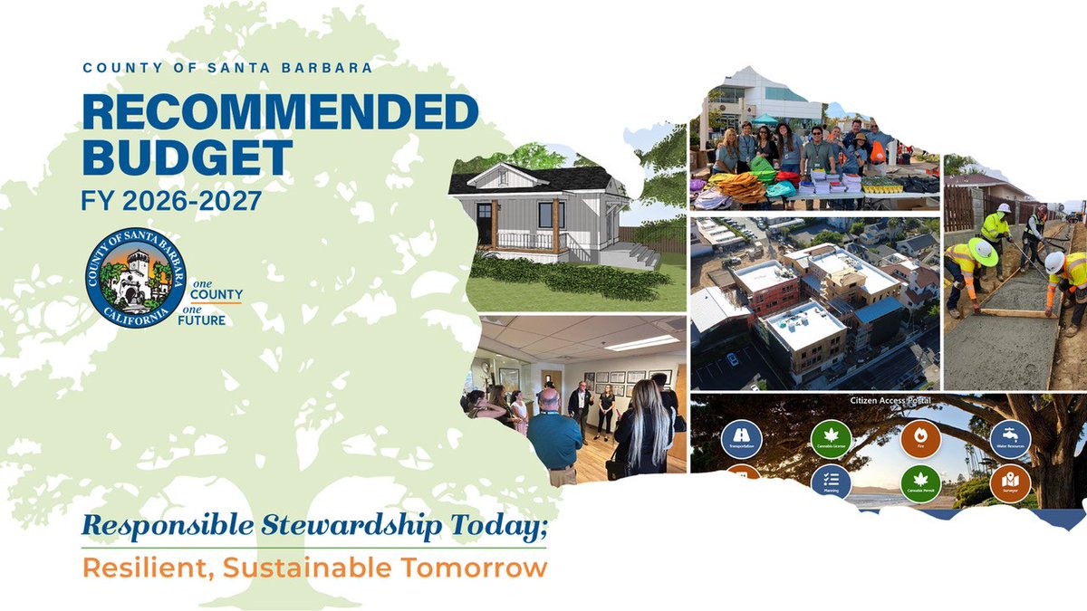 countyofsb's tweet photo. The County of Santa Barbara has released its Recommended Budget for Fiscal Year 2026-27. Join us for the Budget Hearings on Tuesday, June 16. Visit the Budget Documents webpage to learn more about the 2026-27 Recommended Budget.
https://t.co/nxMtUN31Ai https://t.co/mXyz2HSQXk