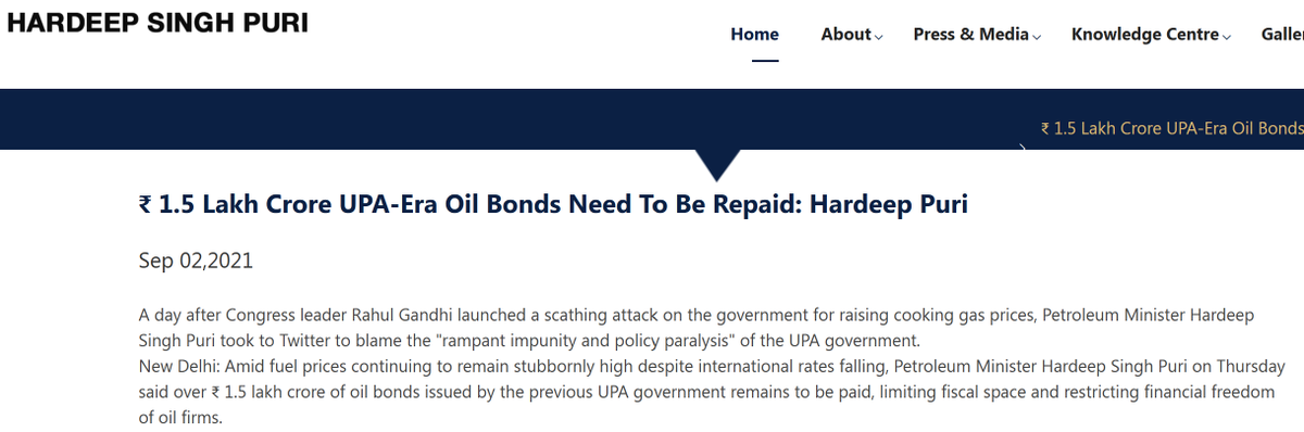 kvikone's tweet photo. A government issued 1.5 lakh crores of Oil Bonds to Oil Companies over 5 years to hedge against high oil prices.  Another government gave a dole of 1.23 lakh crores to Oil Companies over the past 78 days.  What's the difference?
@timesofindia @HardeepSPuri @INCIndia @BJP4India https://t.co/JFjZiBXJXn