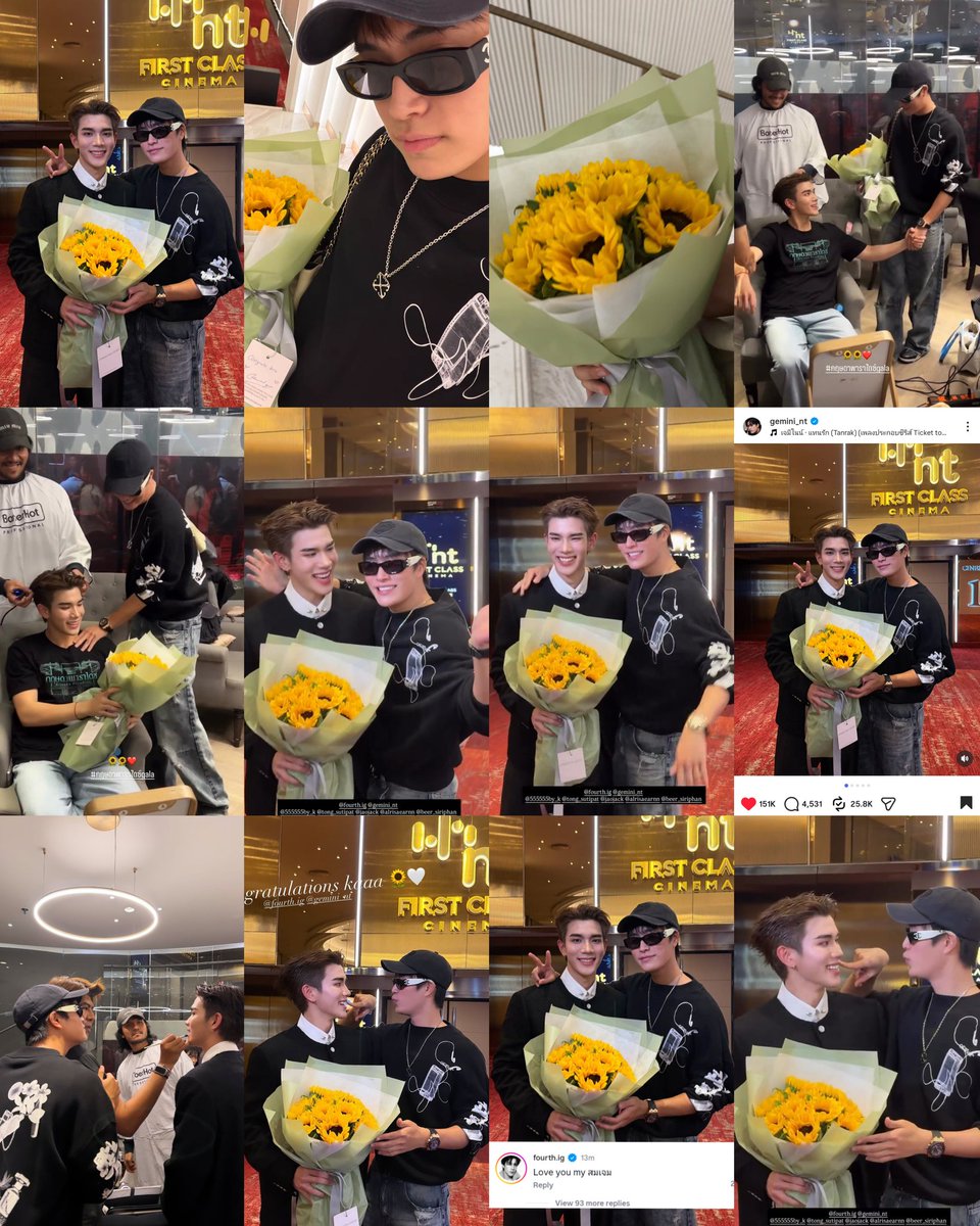 GemFourthTeam's tweet photo. To recap today 🌻🪥
#GeminiFourth #เจมีไนน์โฟร์ท 

💖 Gem came to congratulate Fourth  
💖 Gave him a 10-sunflower bouquet with a special meaning, "to me, you're always perfect" 
💖 Made a IG post with Tanrak OST 
💖 Posted the most "proud boyfriend" pictures
💖 Fourth said he's so happy that Gem came to see him on his important day as SomGem 
💖 Fot commented "ILY my somgem" on IG 
💖 Fourth getting so shy when asked abt Gem 
💖 Might be gatekeeping the picture he took today
💖 Just GeminiFourth being so happy and loudly in love and possessive of each other 

The boys are truly going so crazy in love these days, good for them good for them 🙈🙈🙈