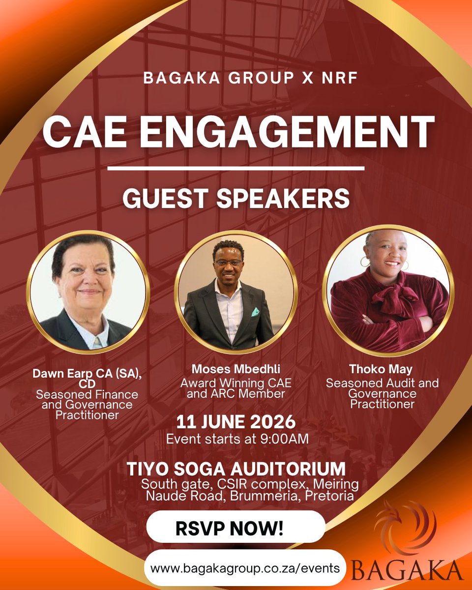 BagakaG's tweet photo. Our guest speakers for our Chief Audit Executive Engagement event, the "ARC &amp; Boards" Panel:
   • Dawn Earp, seasoned Finance and Governance Practitioner,
   • Thoko May, seasoned Audit and Governance Practitioner, 
   • Moses Mbedhli, award winning CAE and ARC member https://t.co/jD5MsDGqCN