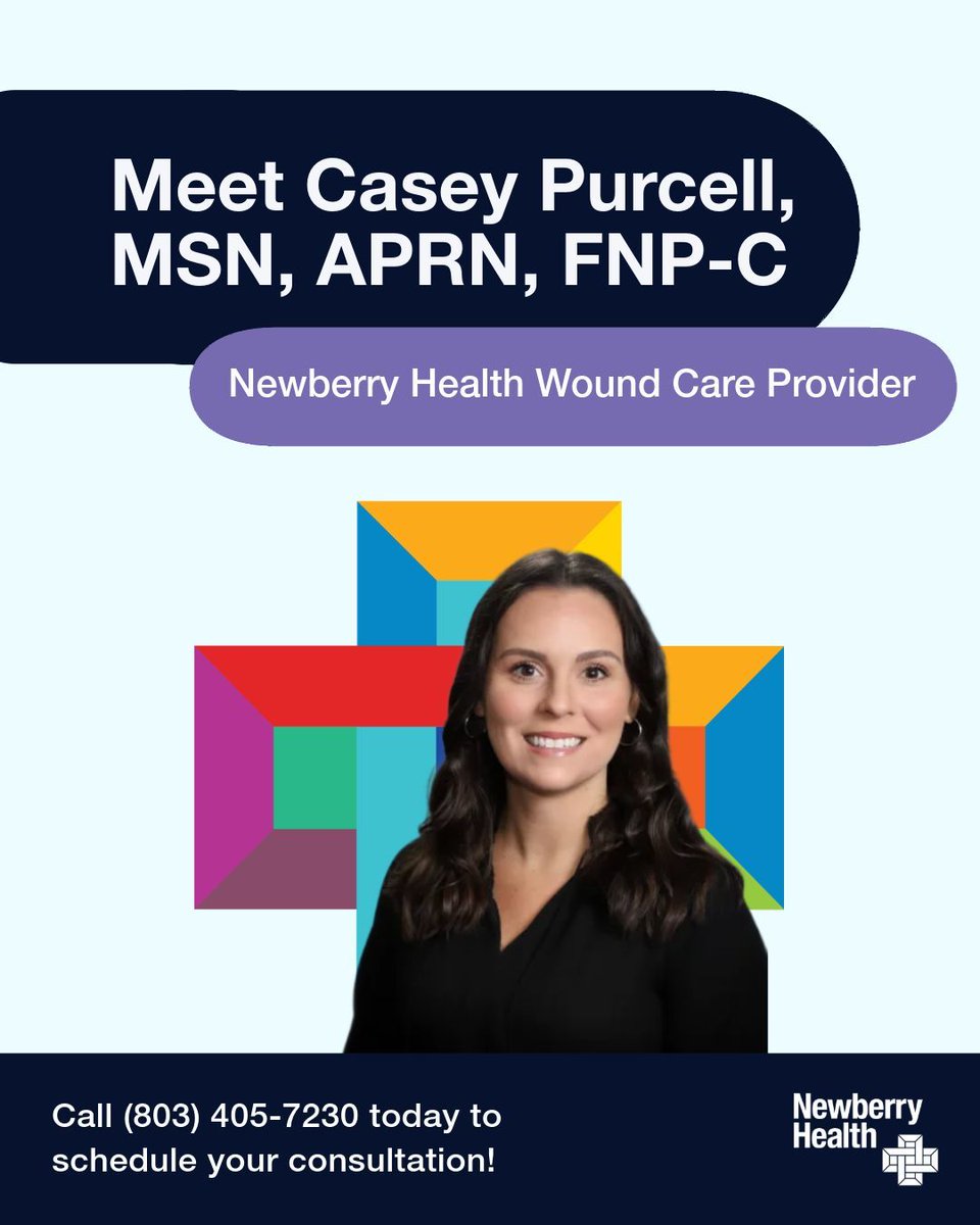 _NewberryHealth's tweet photo. 📣 Say hello (again!) to a familiar face at Newberry Health!

We are so excited to reintroduce Casey Purcell, MSN, APRN, FNP-C our dedicated Wound Care provider right here in Newberry! 💛

Hours: Monday – Friday, 9:00 AM – 5:00 PM
 Phone: (803) 405-7230

https://t.co/mwD0EhDAvq https://t.co/6z9a1xdiZf