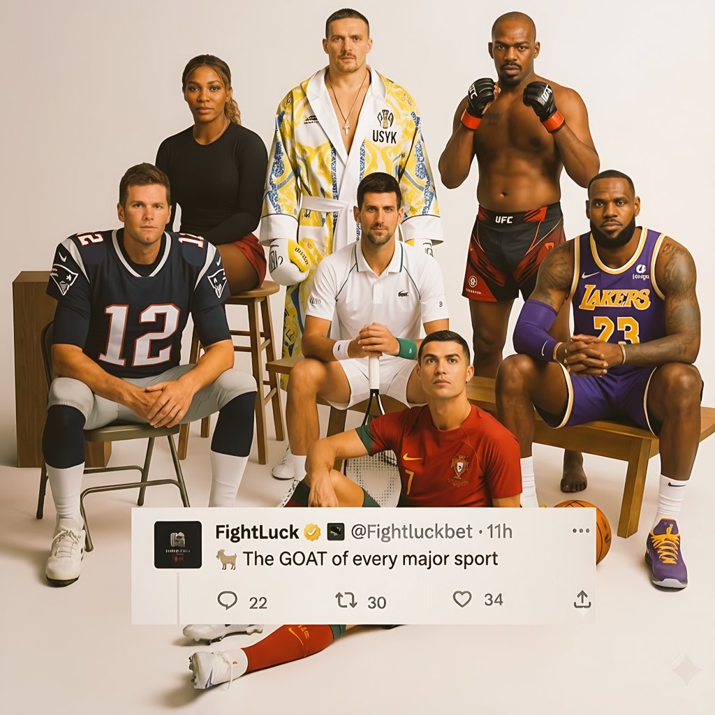 FightluckBet's tweet photo. 🐐 GOATs of the biggest sports

⚽ Football — Cristiano Ronaldo
🏀 Basketball — LeBron James
🎾 Men's Tennis — Novak Djokovic
🎾 Women's Tennis — Serena Williams
🏈 American Football — Tom Brady
🥊 Boxing — Oleksandr Usyk
🥋 MMA — Jon Jones

How many of these are you agreeing with? 👀👇

#MMATwitter #Sports