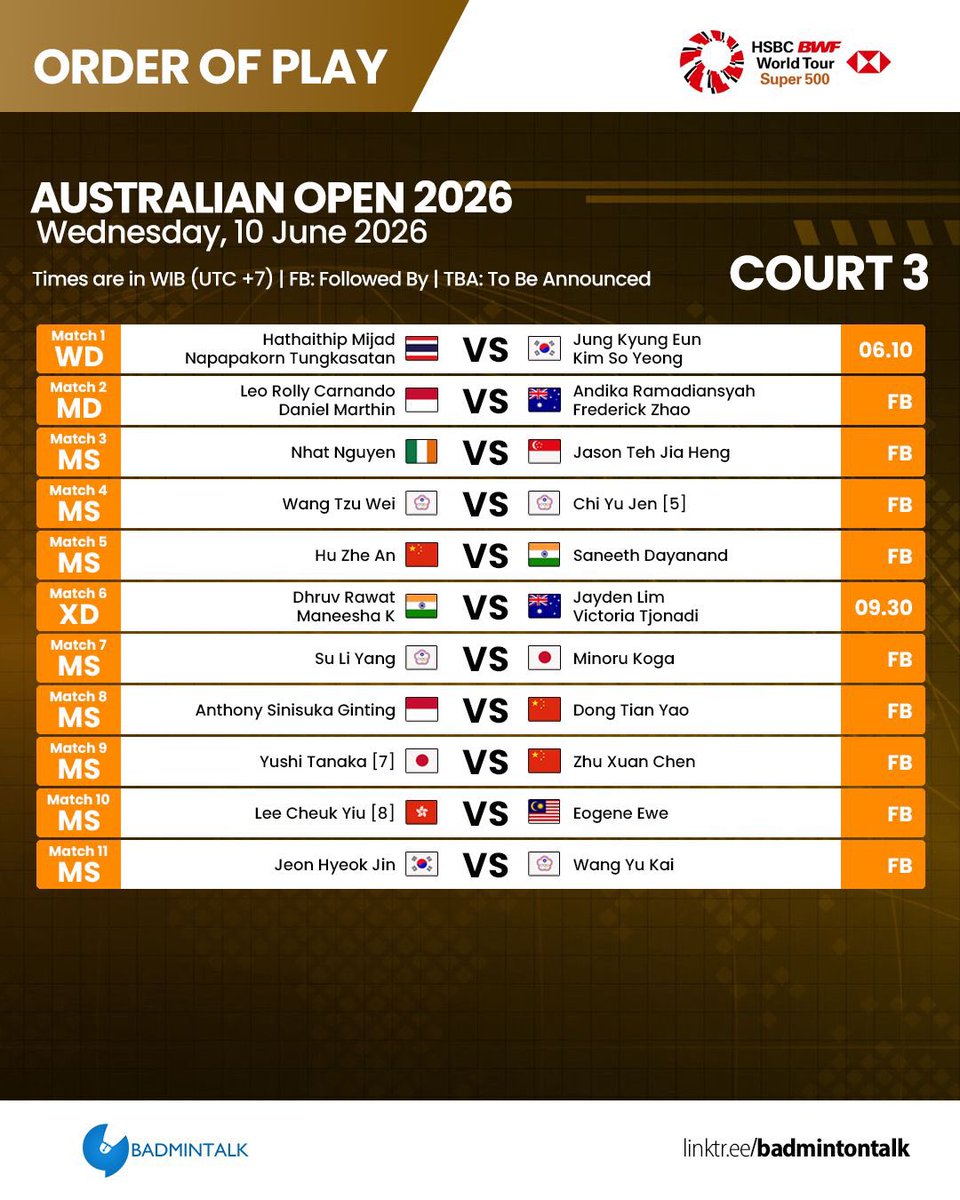 BadmintonTalk's tweet photo. Order of Play - #AustralianOpen2026 (Day 2)

Wednesday, 10 June 2026 
Starts at 6.00 WIB

SEMANGAT INDONESIA! https://t.co/oqBRttp9cn