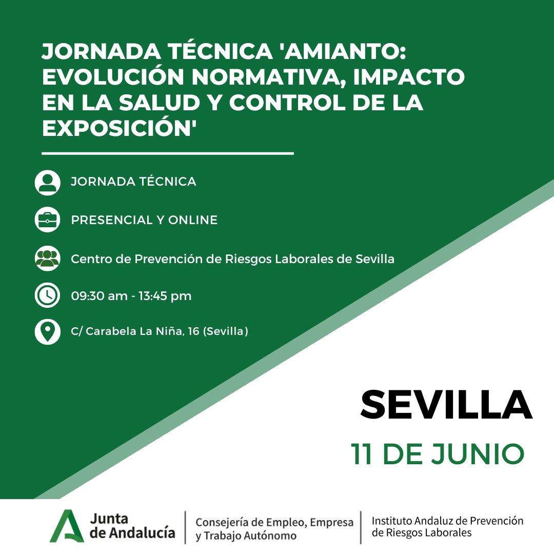 IAPRL's tweet photo. El próximo 21 de mayo nos vemos en Sevilla para profundizar sobre el amianto, uno de los principales riesgos laborales derivados de exposiciones históricas a agentes cancerígenos🏗️

👉Conocer los riesgos del amianto y las medidas para controlarlos es clave para proteger la salud de las personas trabajadoras

🔗https://t.co/ISojoC3OuY

#IAPRL #PRL #SeguridadLaboral #Sevilla