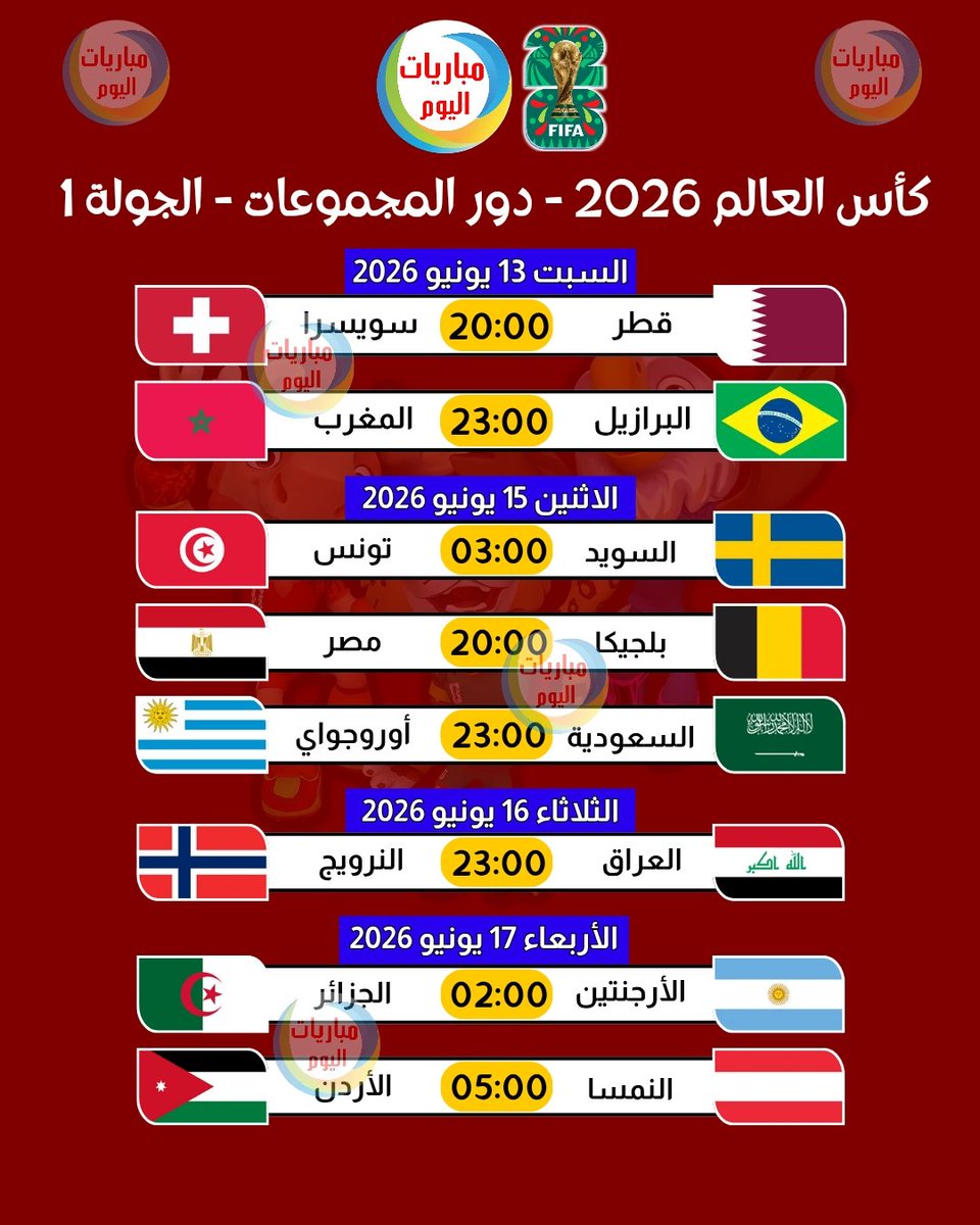 kooorama01's tweet photo. 🏆 مواعيد مباريات المنتخبات العربية في الجولة الأولى من كأس العالم 2026! 🌍🔥

​#كأس_العالم_2026 #المونديال #مباريات_اليوم #المغرب #مصر #الجزائر #تونس #السعودية #العراق #قطر #الأردن https://t.co/fokWihDcwf