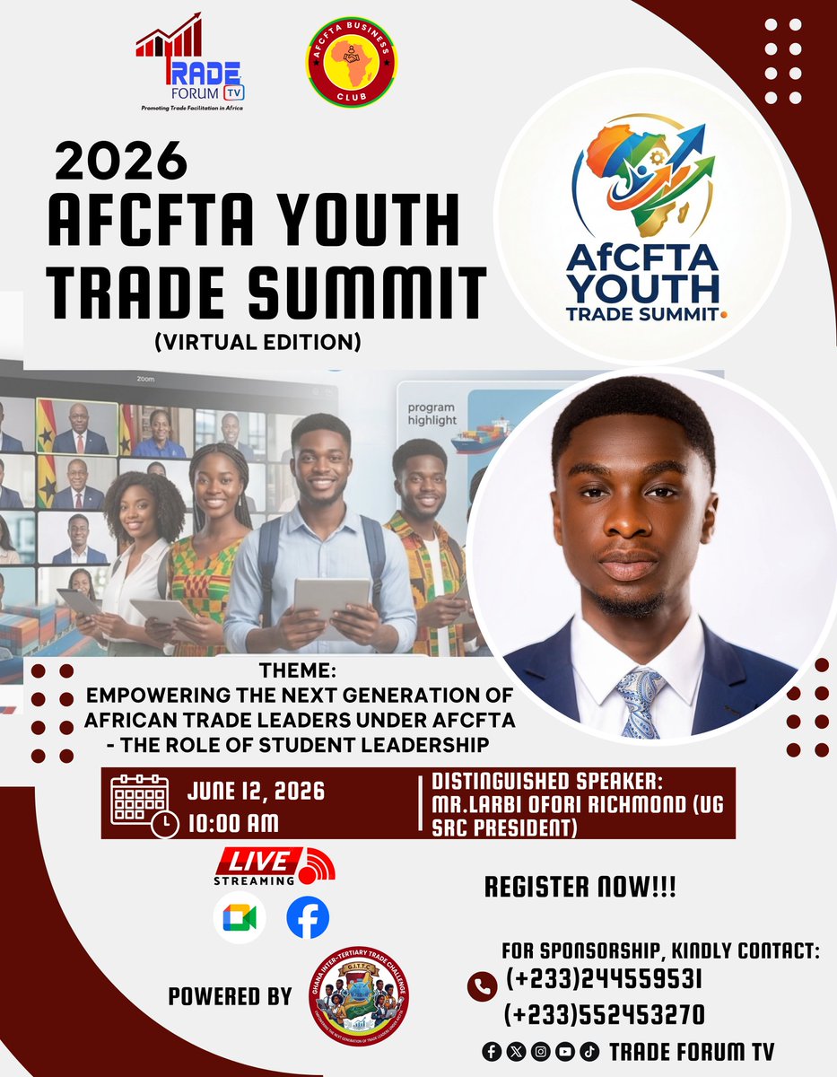 Trade_Forum_TV's tweet photo. 🌍✨ The future of African trade starts with today’s student leaders! Join the 2026 Virtual Edition of the AfCFTA Youth Trade Summit this Friday, June 12, as we explore how student leadership can empower the next generation of African trade leaders under AfCFTA.#AfCFTAYouthTrade https://t.co/ktf4Eeakbj
