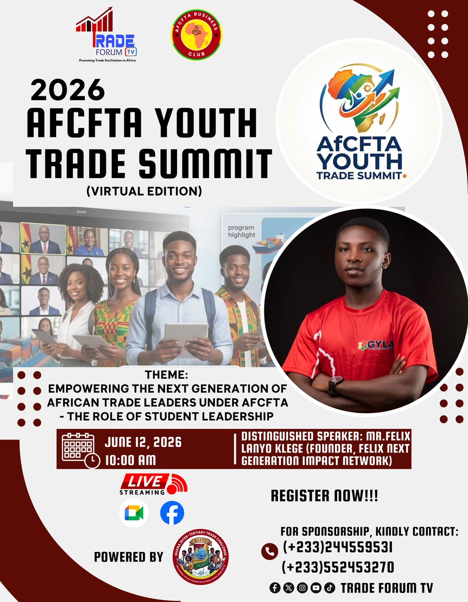 Trade_Forum_TV's tweet photo. 🌍✨ The future of African trade starts with today’s student leaders! Join the 2026 Virtual Edition of the AfCFTA Youth Trade Summit this Friday, June 12, as we explore how student leadership can empower the next generation of African trade leaders under AfCFTA.#AfCFTAYouthTrade https://t.co/ktf4Eeakbj