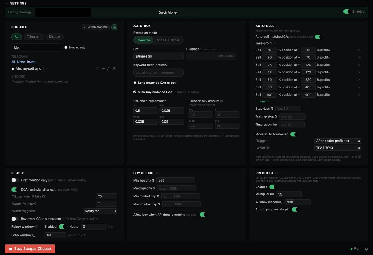 TheApexTerminal's tweet photo. Apex Terminal is progressing nicely and soon the first feature can be tested in a closed-beta:

Apex On-Chain Scraper

What sounds simple is actually simple. It scrapes Telegram, Discord and Twitter for CAs.

💡The kicker is that it is highly customizable and thus can be fitted to any strategy you can think of.

❓Have a private group where one guy posts banger all the time? But only low MCAP? Only scrape him, filter out any high MCAP tokens and have custom buy amounts and target sells.

❓Have a whale fren that finds highly liquid scalps? Scrape him and flip for a quick profit with high buy amounts and strict SLs.

❓Have a channel which is spammy however admin pins deliver gains? Scrape only pins and ignore the rest.

All this can be stored in strategies which can be activated/deactivated by the click of a button and also be dynamically changed from e.g. low risk to high risk environments.

Simple tool, high value nonetheless.

Don't worry though, more complex tools are also coming 🫱🏼‍🫲🏻

P.S.: UI/UX is obviously work in progress

More in-depth info is posted in the public Telegram: https://t.co/MHwgajY3pn