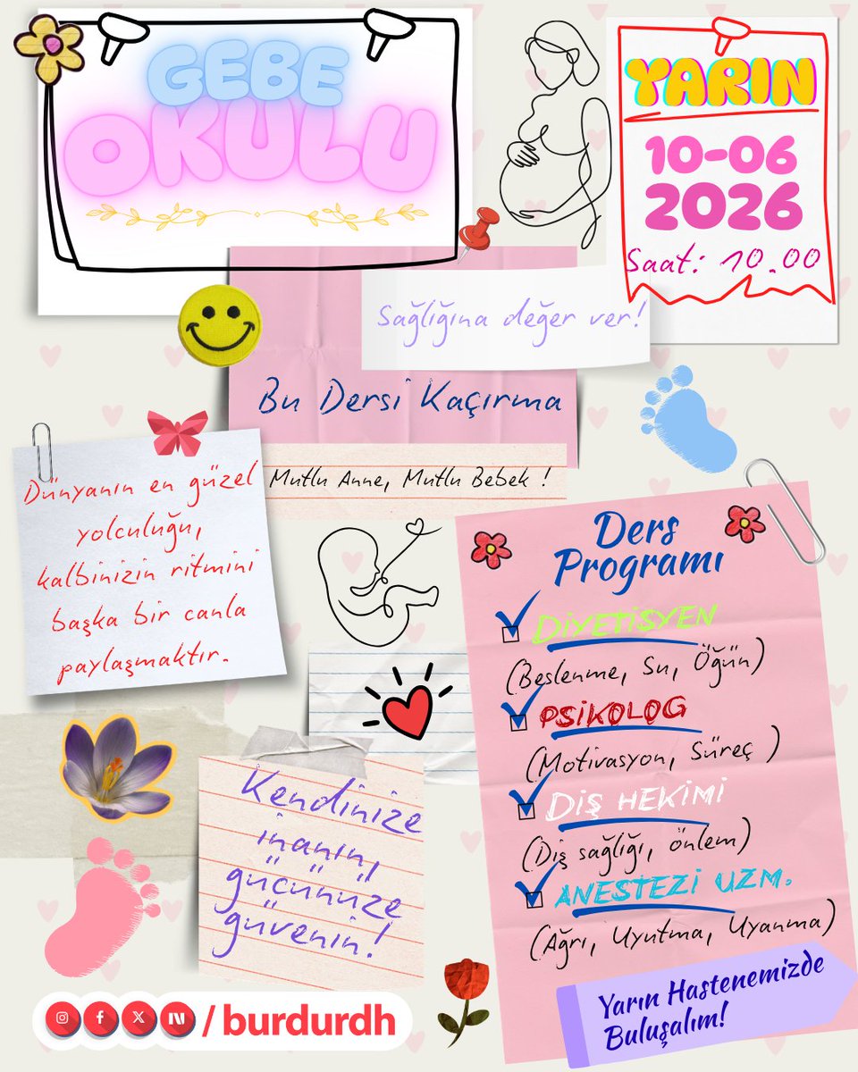 Burdurdh's tweet photo. Yarın Gebe Okulu'nda Buluşuyoruz!
🗓 Tarih: 10 Haziran 2026 (Yarın) 
🕙 Saat: 10.00 
📍 Yer: Burdur Devlet Hastanesi Gebe Okulu 2. Kat
"Mutlu Anne, Mutlu Bebek!" mottosuyla yarın hastanemizde buluşalım! 💕
#BurdurDevletHastanesi #GebeOkulu #HamilelikOkulu #AnneVeBebek https://t.co/dkqlmhLsoh